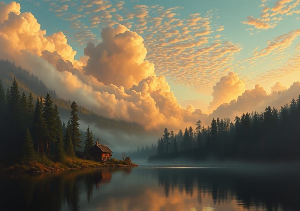 Rustic Lakeside Village: Detailed Oil Painting at Dawn