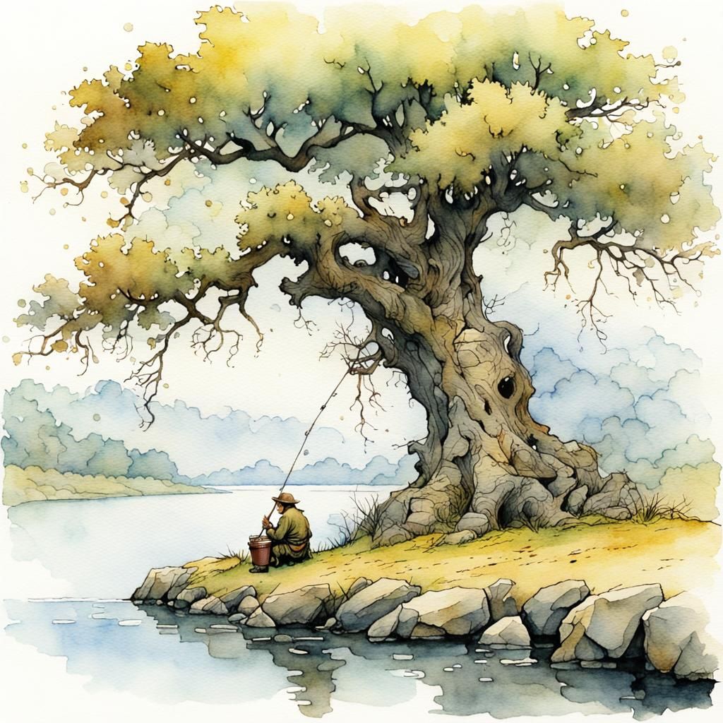 Fisherman by River: Watercolor and Ink Fantasy Art