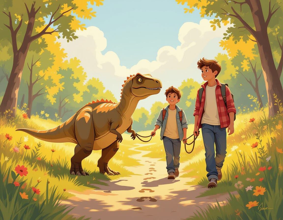 Young Dinosaur Walks With Boys in Sunny Meadow