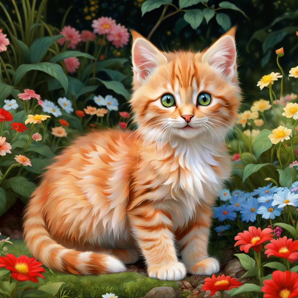 Enchanted Red Tabby Kitten in Fantasy Garden