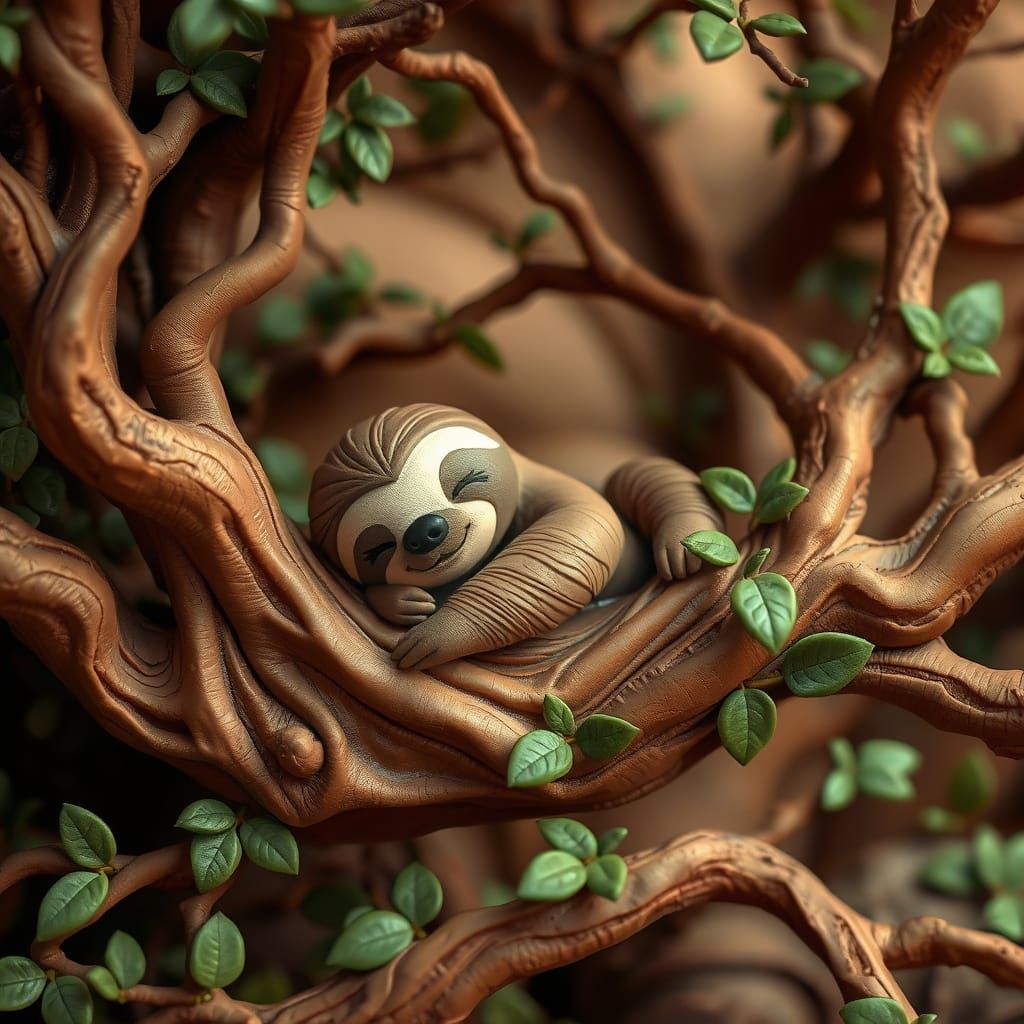 Sloth in Whimsical Claymation Style with Realistic Tree Bran...