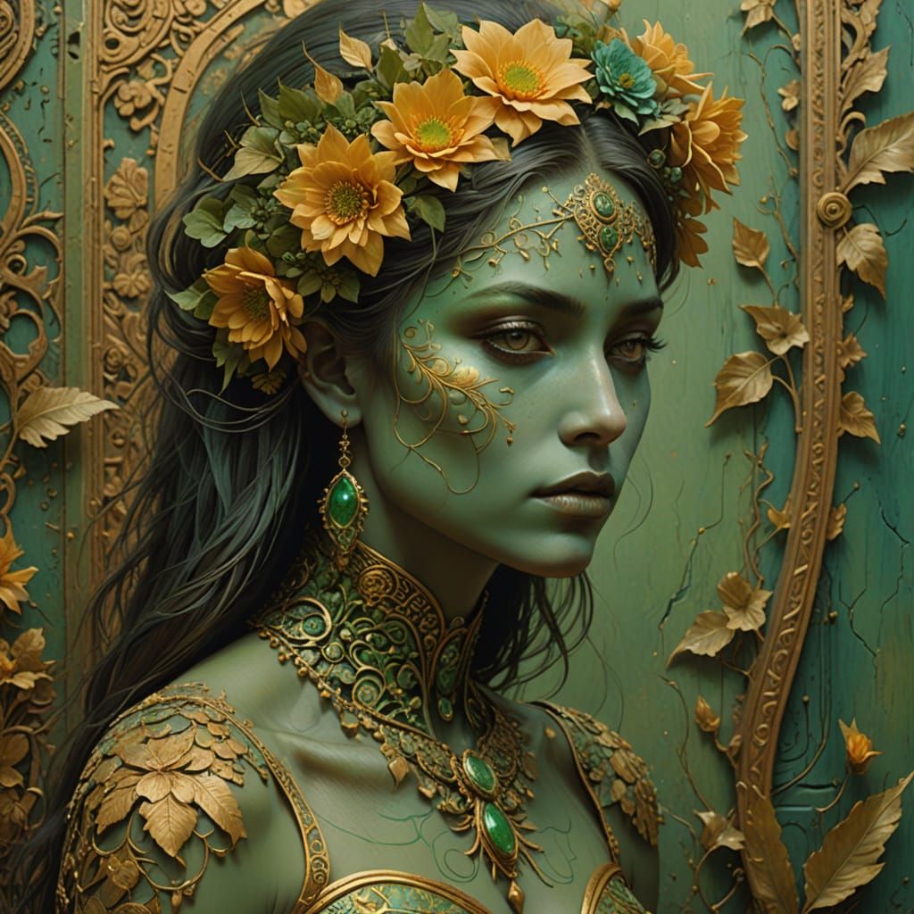 Woman Body Painted to Match Antique Wall in Fantasy Art Styl...