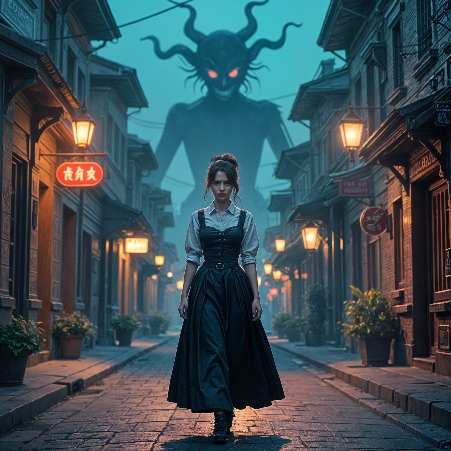 Girl's Ominous Shadow: Hyperrealistic Street Scene