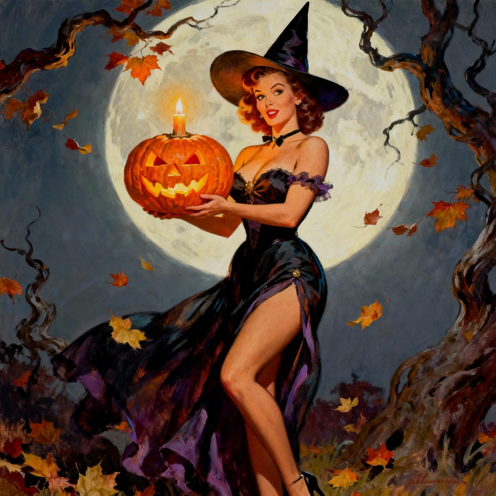 1958 Halloween Pin-Up Girl in Vargas Style