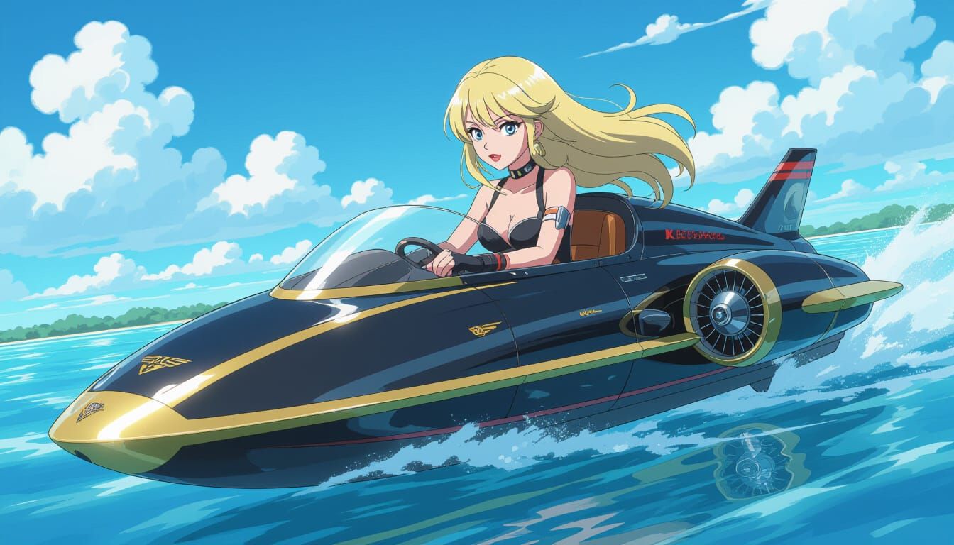 Blonde Woman Pilots Retrofuturistic Speedboat in 3D Anime St...