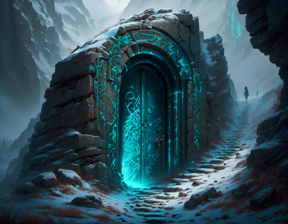 Mystical Mountain Door with Glowing Runes