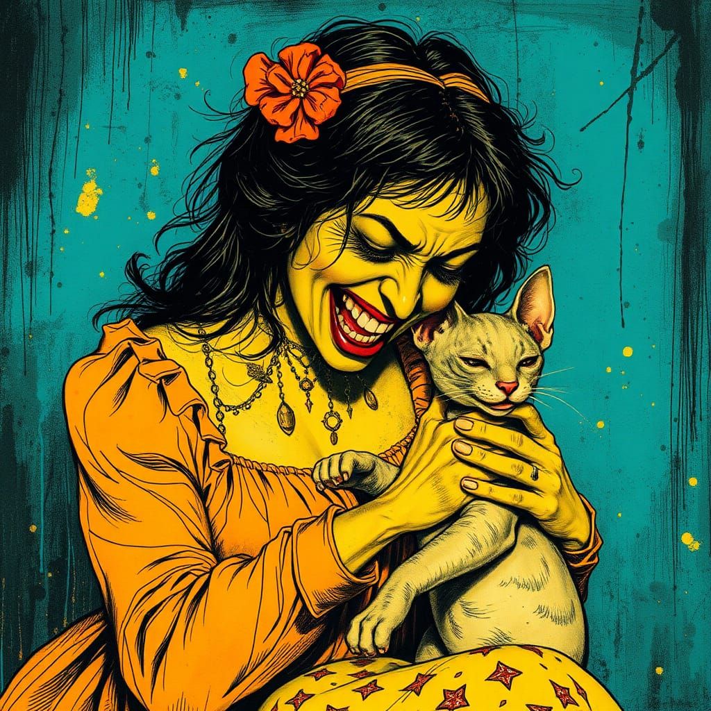 Maniacal Woman Stroking Cat in Scratch Art Style