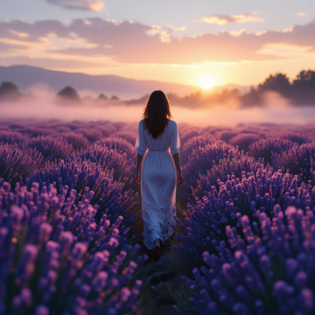Lavender Field Sunrise: Tranquil Beauty in Loish Style