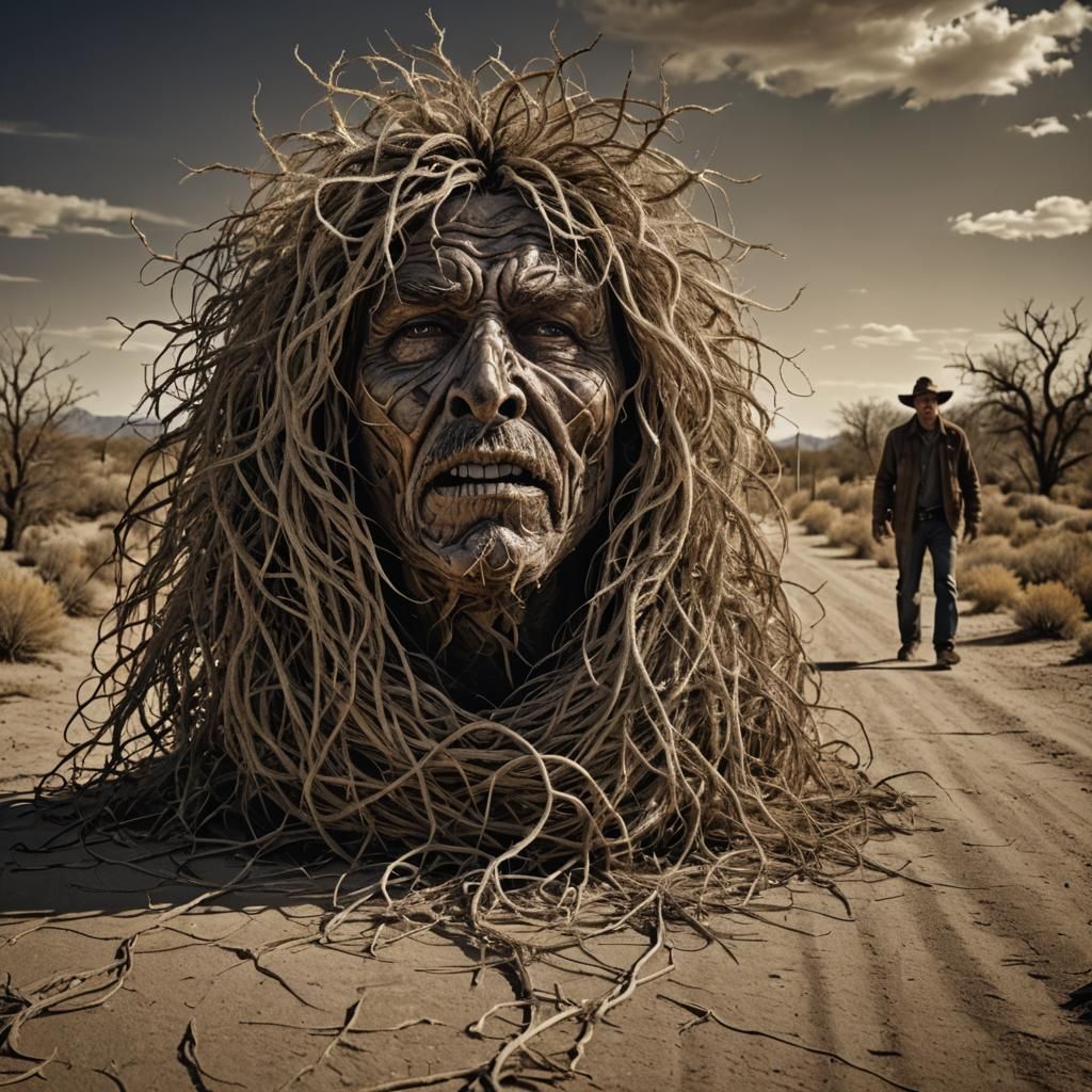 Terrifying Tumbleweed Man in Hyperrealistic Horror Style