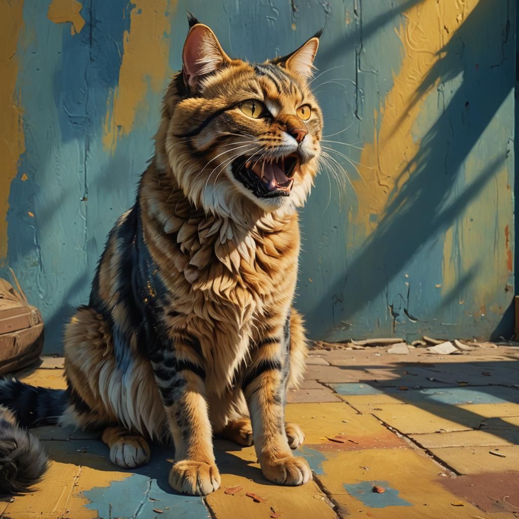 Defensive Cat Hissing in Hyperrealistic Style