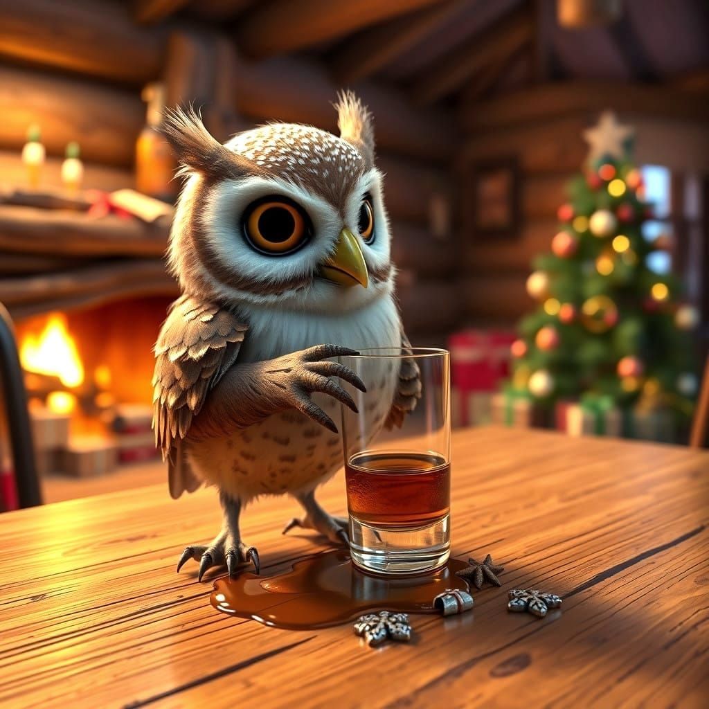 Whimsical Winter Whiskey Scene in 3D Digital Art