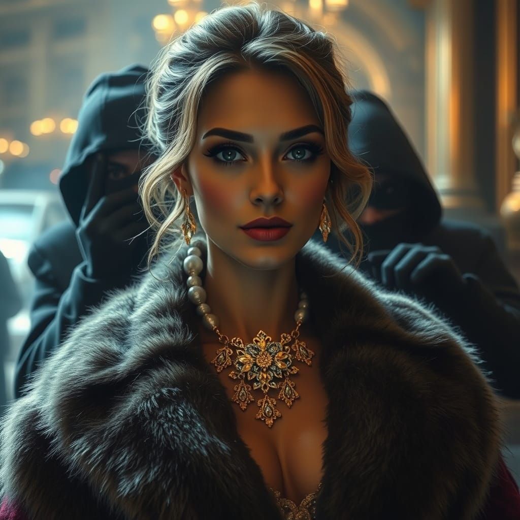 Necklace Theft from Woman in Furs, Dramatic Lighting