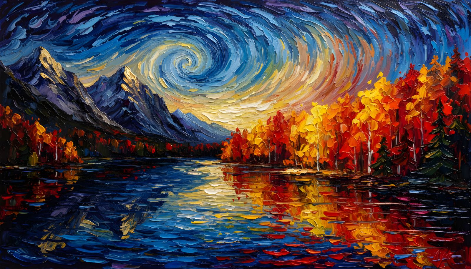 Impasto Autumn Landscape: Mountains, Forest, and Lake
