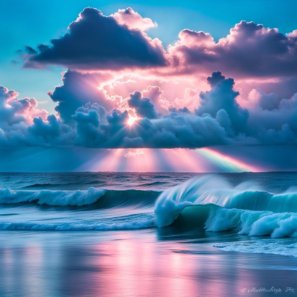 A beautiful seascape ;: rolling pastel aqua blue waves and soft pink puffy clouds pale blue morning sky, over the ocean...