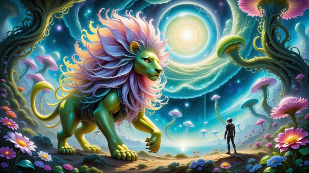 Whimsical Orchid-Lion Emerges in Dreamlike Enchanted Forest
