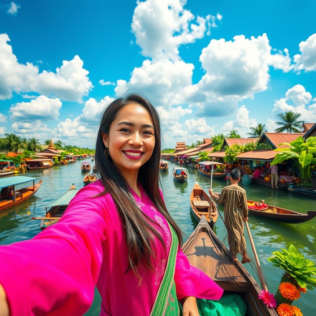 Thai Beauty Captured in Vibrant Selfie at Damnoen Saduak Flo...