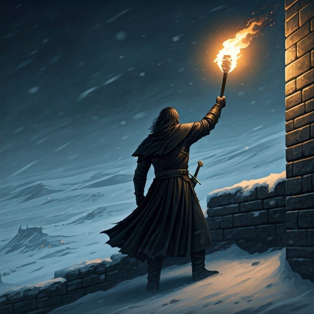 Brooding Night's Watch Sentinel Illuminated by Golden Torchl...