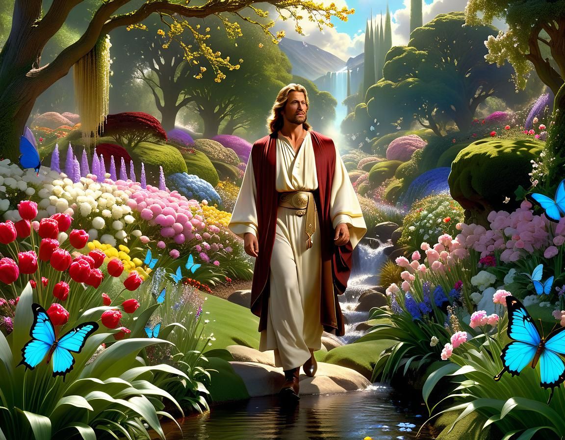 Heavenly Garden Scene with Jesus in Impressionist Style