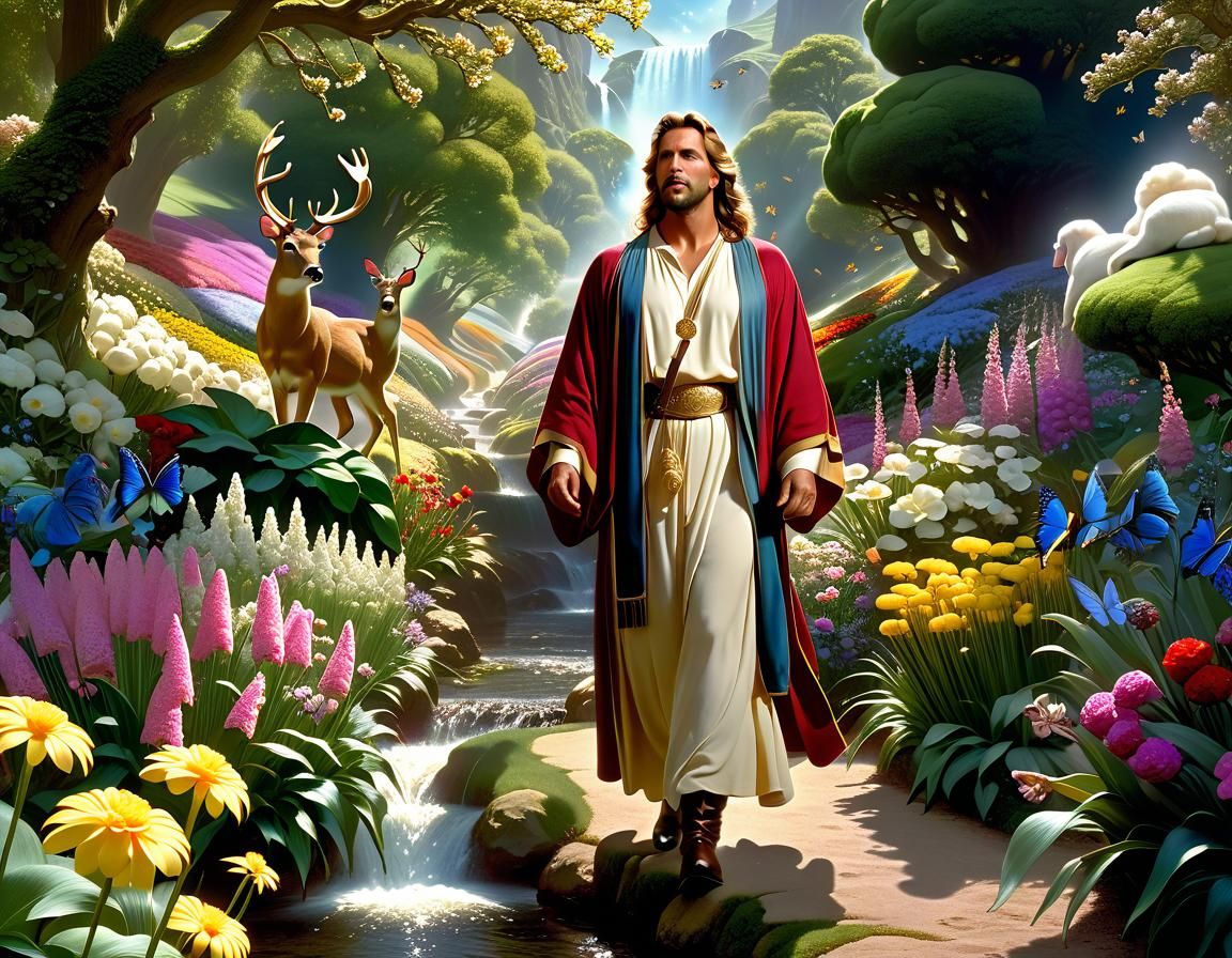 Jesus in Heavenly Garden, Impressionist Gouache Painting