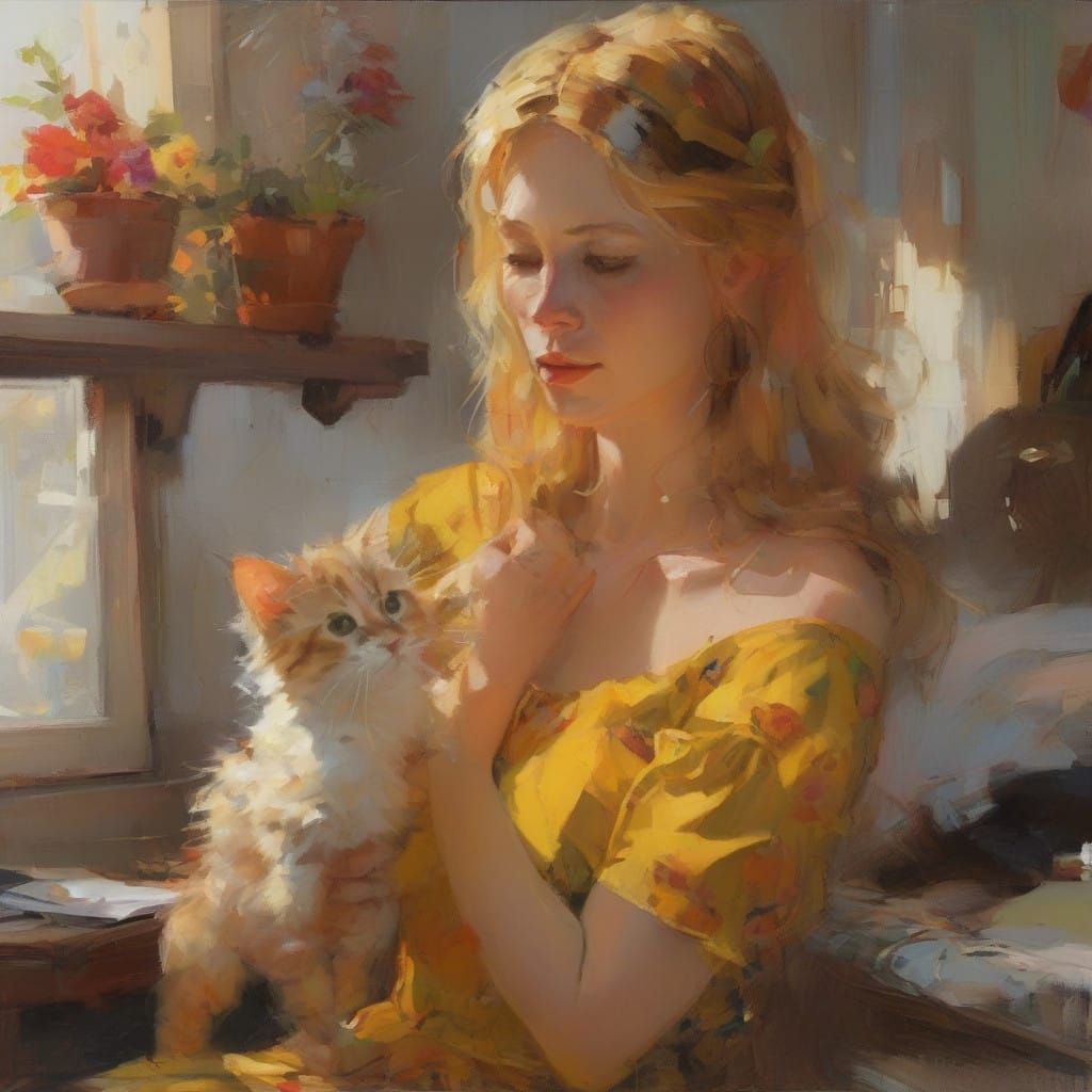 Radiant Young Girl Plays with Kitten in Cozy Bookroom