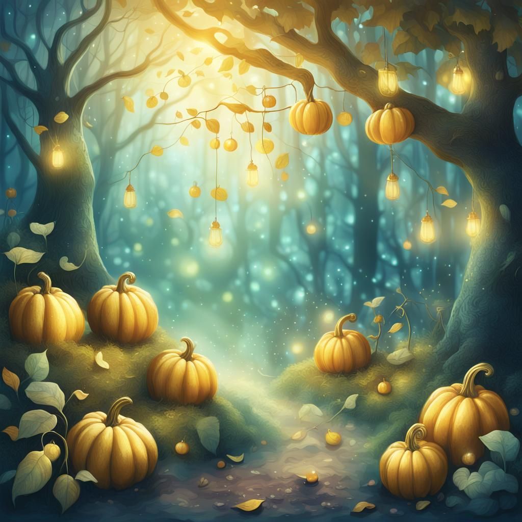 Gold Gourds in Moonlit Fairy Forest Illustration