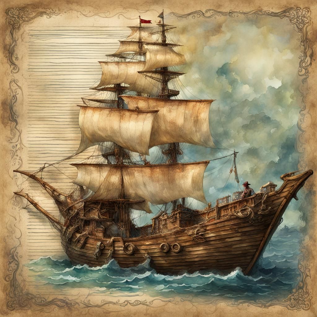 Pirate Ship on Journal Page in Watercolor Style