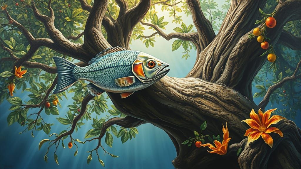 Fish Climbing Tree in Surrealist Oil Painting