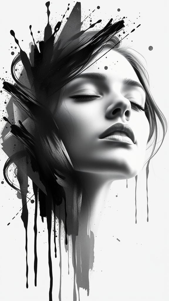 Serene Face Dissolving into Abstract Brushstrokes