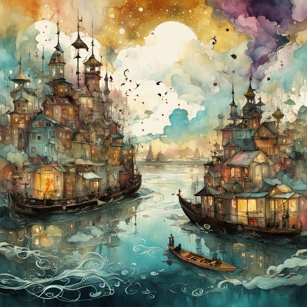 Airbrushed Dadaist Harbor Sunset with Pastel Colors