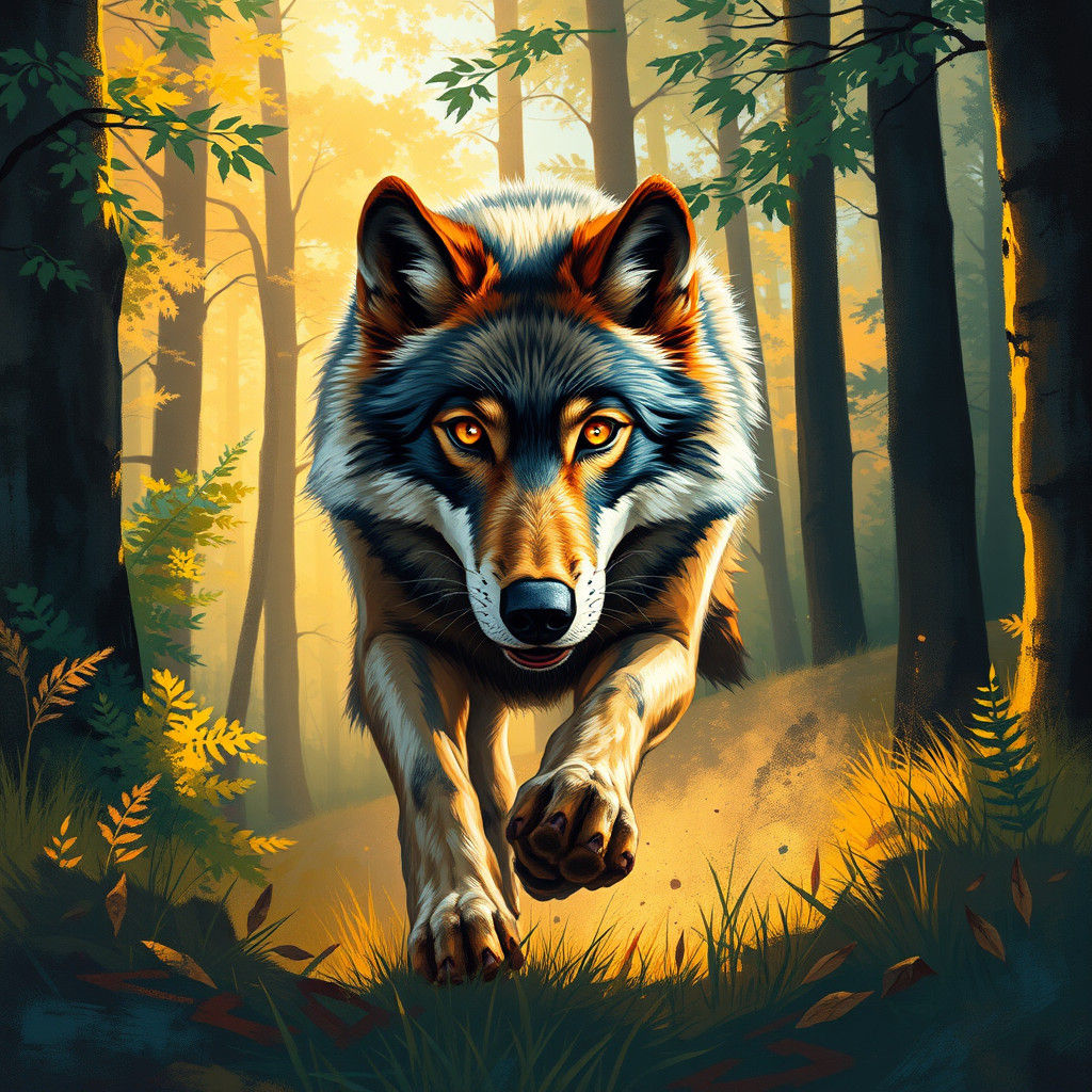 Wolf Runs Through Forest in Digital Painting Style