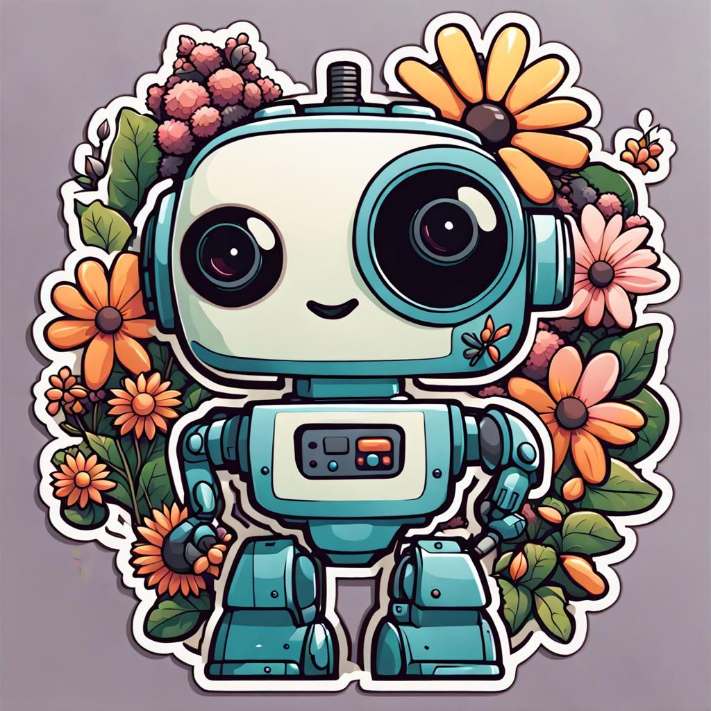 Cartoon Flower Power Robots with Floral Elements
