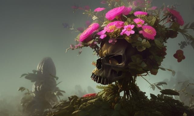 Detailed Skull with Floral Growth, Hyperdetailed Art