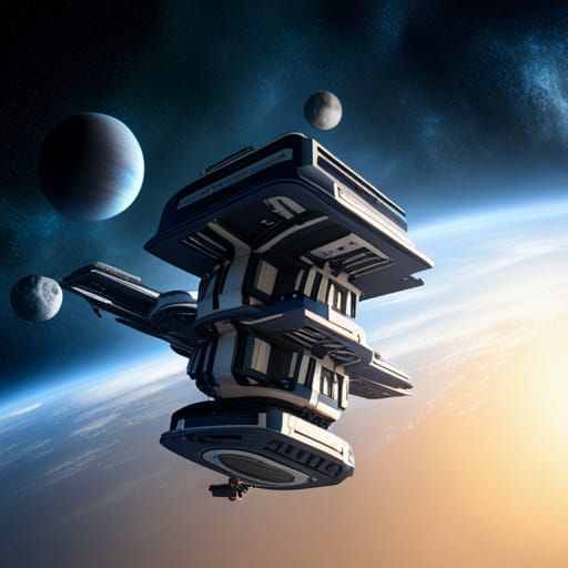 Futuristic Space Station Orbiting Gas Giant Planet