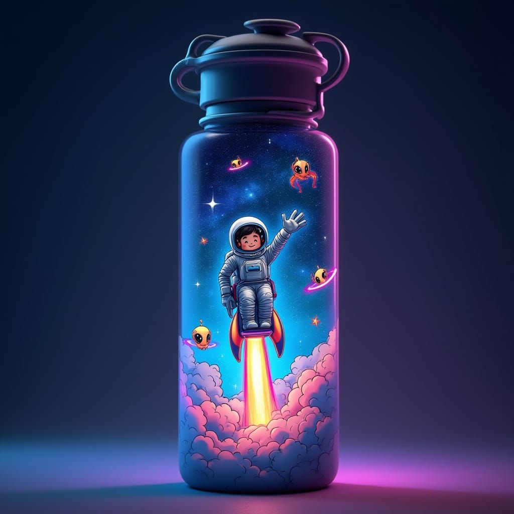 Futuristic Space Adventure Water Bottle Design