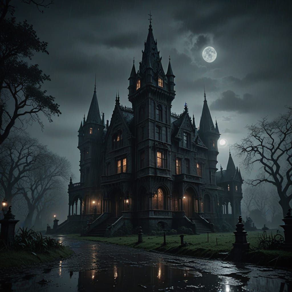 Ethereal Gothic Revival Mansion Illuminated by Moonlight
