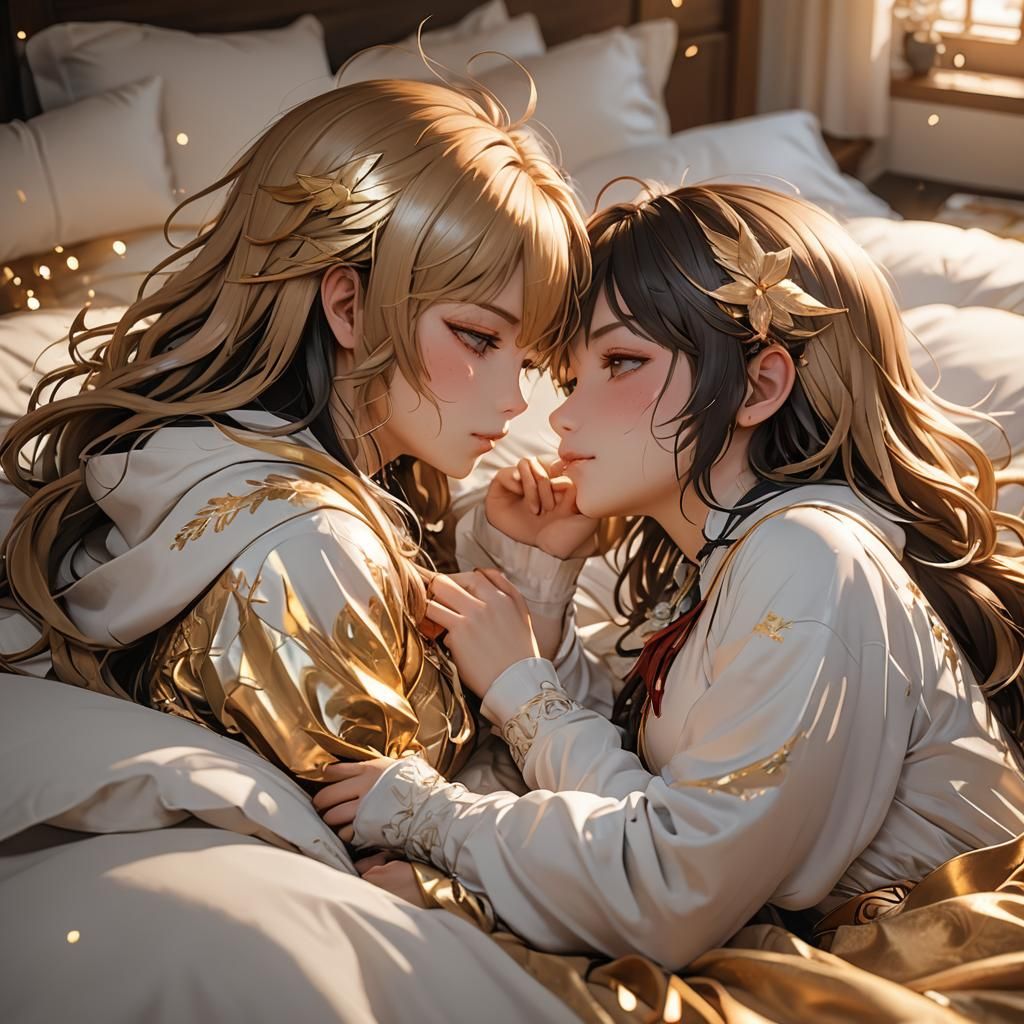 Anime Girls Kissing in Bed: Intimate 3D Art