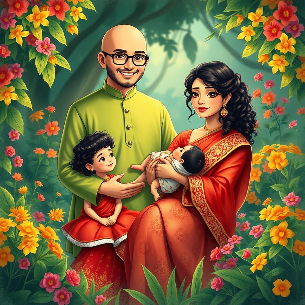 Loving Family in Vibrant Ghibli-Inspired Scene with Lush Gre...