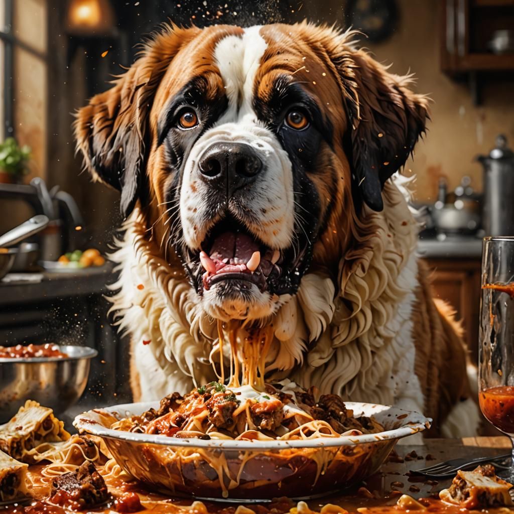 Saint Bernard Frantically Eats Lasagna: Photorealistic Close...