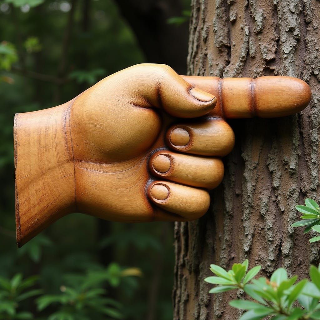 Realistic Wooden Hand Sign with Detailed Texture and Gestura...