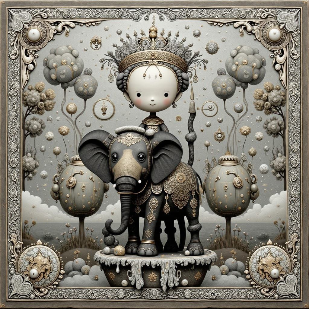 Dreamlike Scene with Stylized Figures