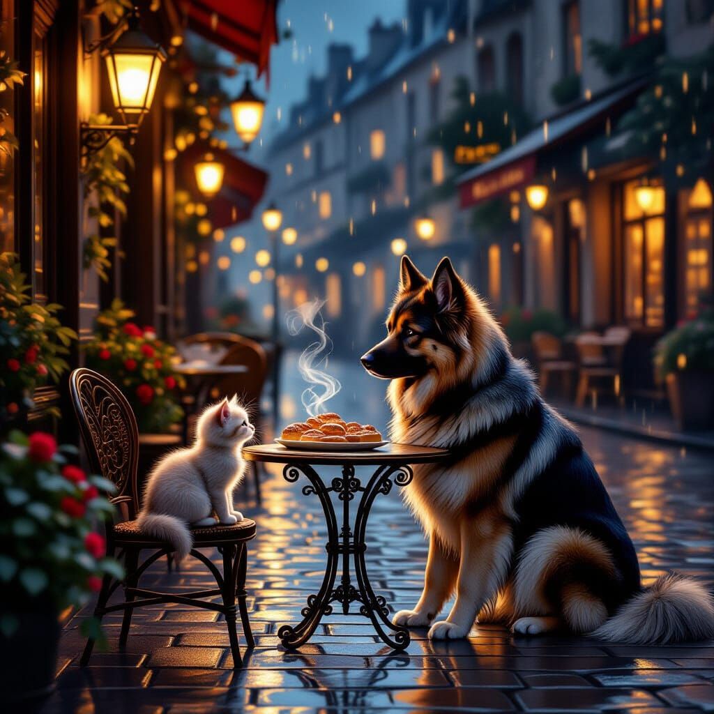 Enchanted Rainy Night Café With Animals and Magic