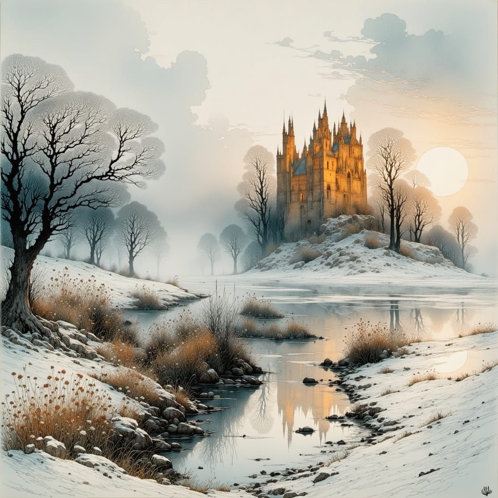 Ethereal Castle Ruin Emerges in Dawn's Shimmering Light