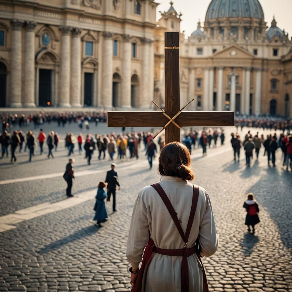Woman Carries Cross Before Vatican: Professional Photography