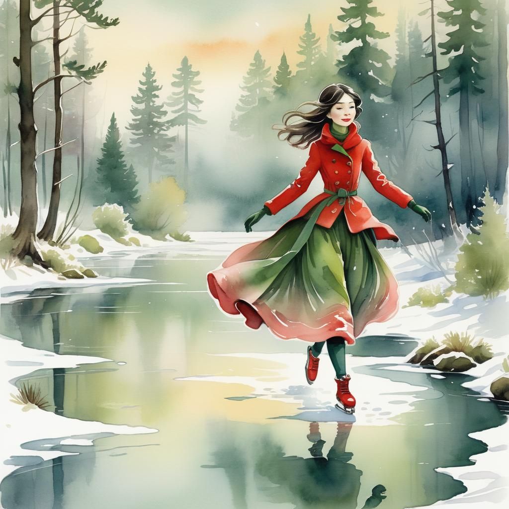 Elegant Art Nouveau Woman Skating on Frozen River