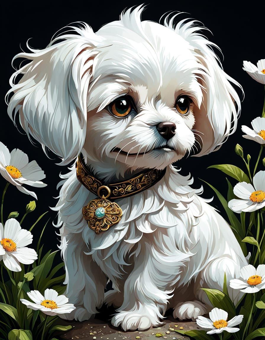 Adorable Maltese Puppy in Vibrant Floral Spring Scene, Digit...