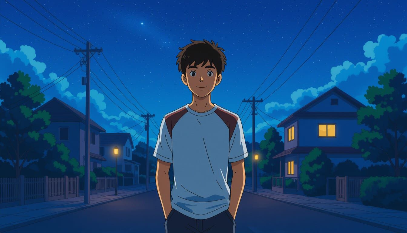 Teenage Boy on Starry Street, Ghibli Anime Style