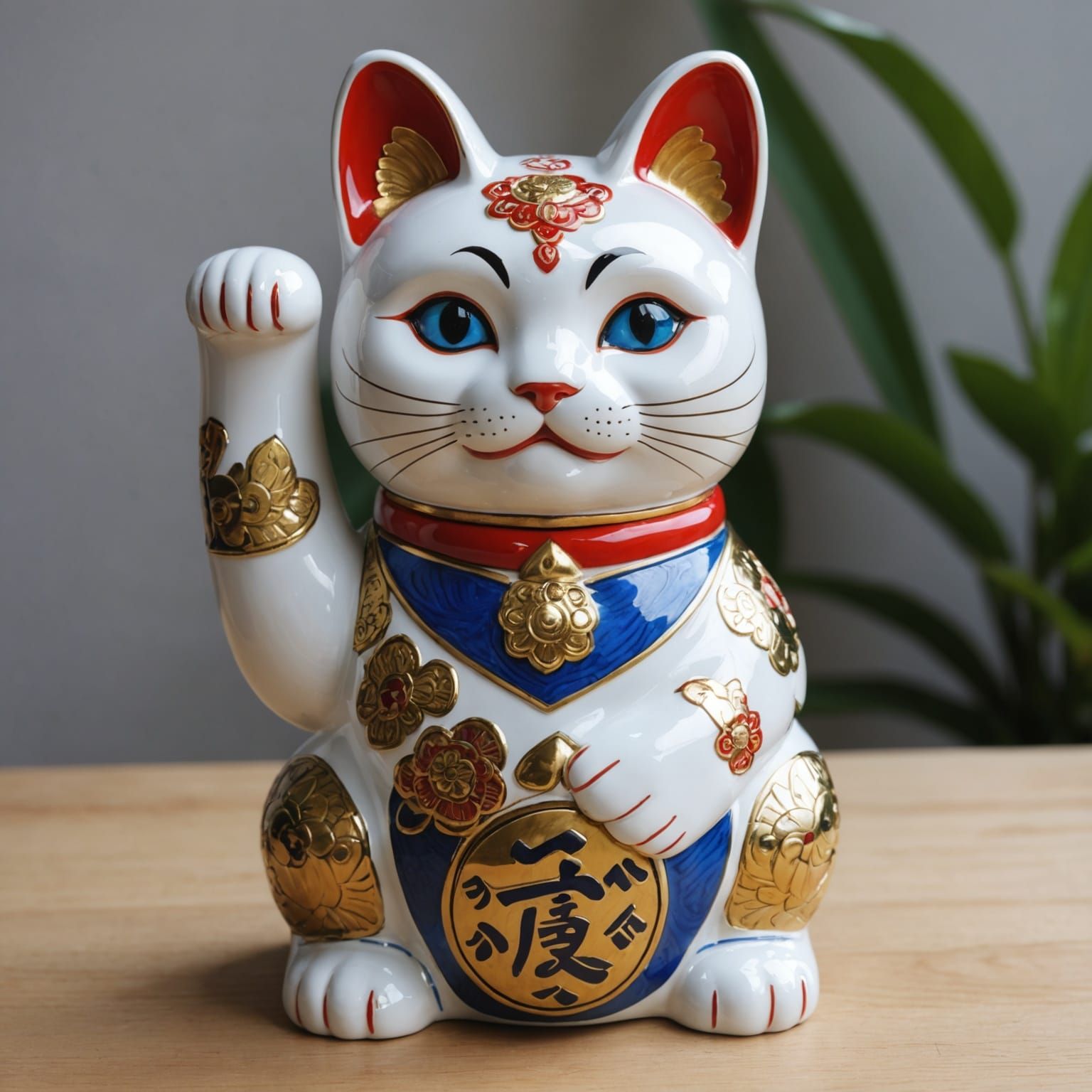 Large Ceramic Lucky Cat with Gold Inlay
