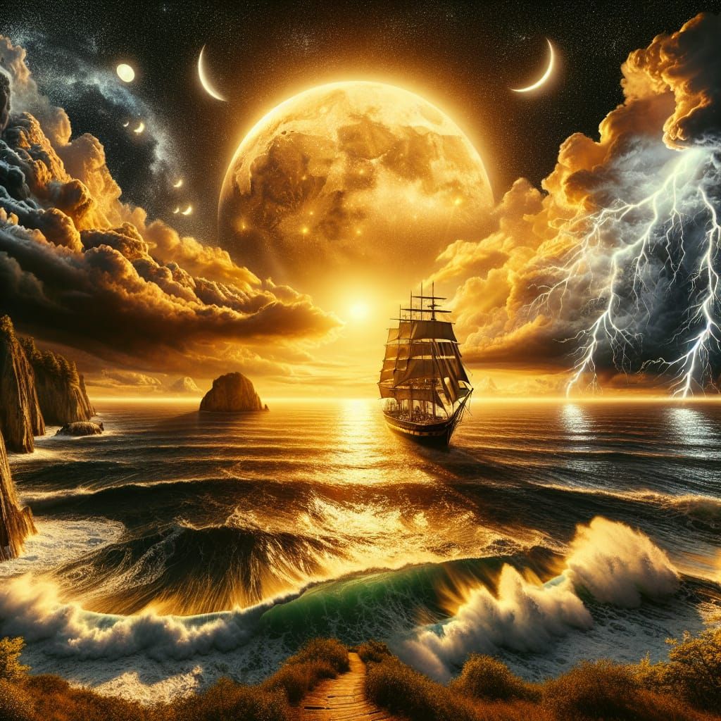 Grand Tall Ship Cruises Under Moonlit Sky