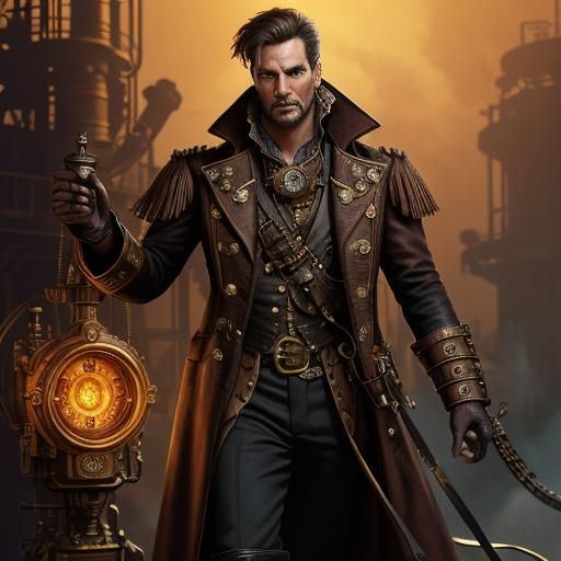 Steampunk Pirate Captain and Cat at Sunset