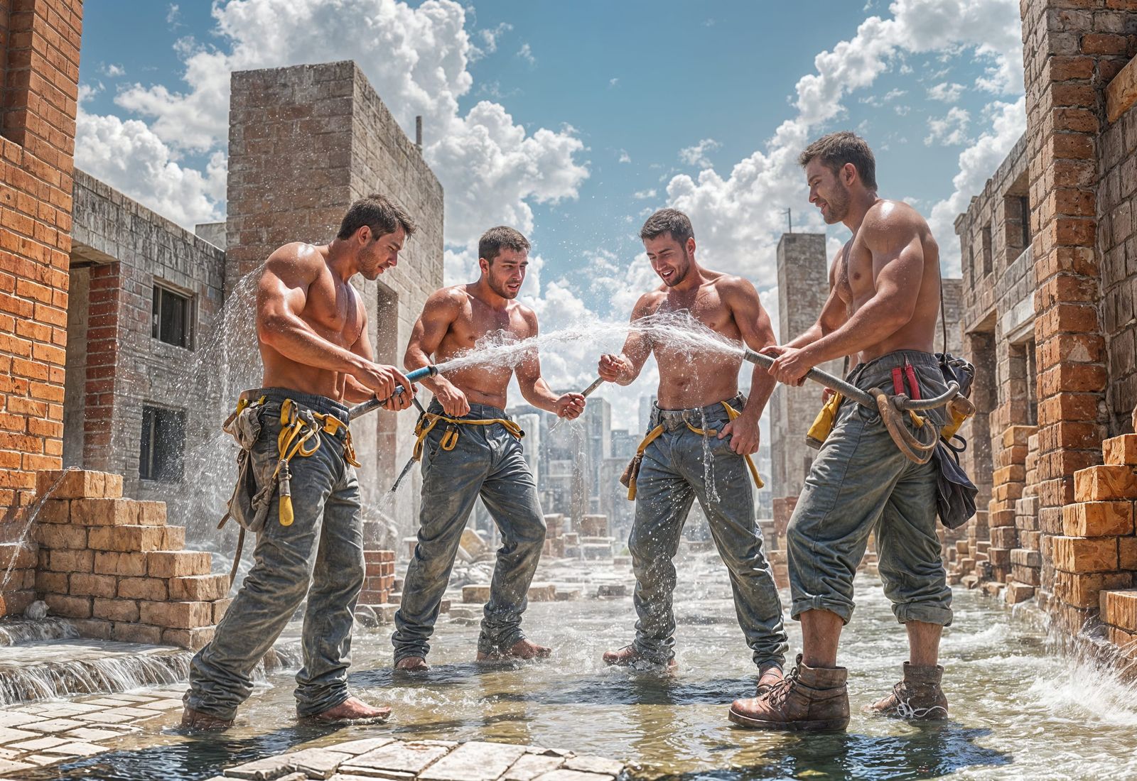Bricklayers Cool Off with Water on a Hot Day